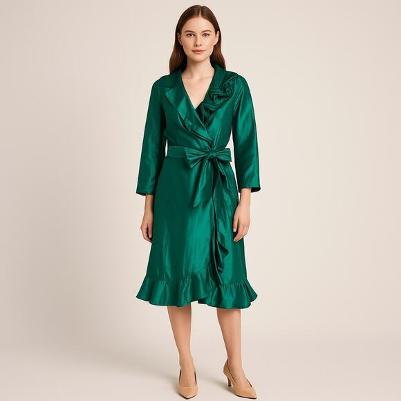 Teri Jon Rickie freeman Emerald Green 100% silk wrap Dress size 4 ruffle formal - Picture 1 of 13